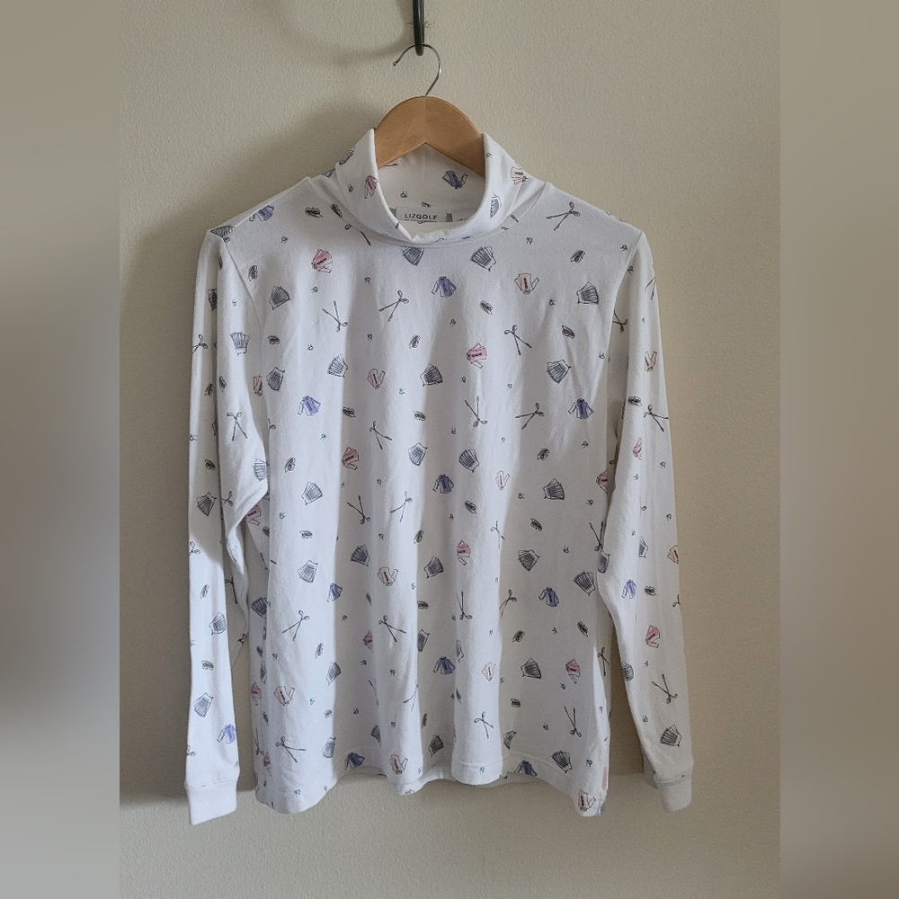 LizGolf Lady Golfer Printed Cotton + Stretch Turtleneck Top, Women's XL, White